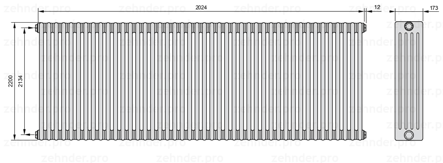 Схема (чертеж) Радиатор Zehnder Charleston 5220/44 №1270 Белый глянцевый RAL 9016